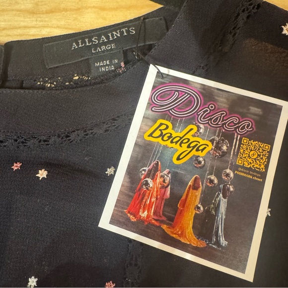 ALLSaints Sheer STAR Embroidered CHIFFON-CREPE Mini DRESS in BLACK Large - Picture 7 of 13